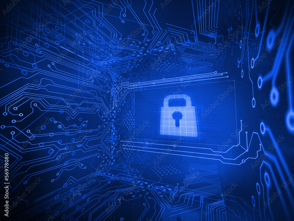 Aufkleber digitally generated lock surrounded by circuit board