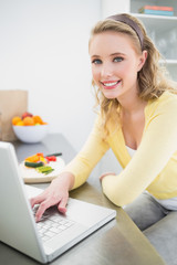 Cheerful smiling cute blonde using laptop