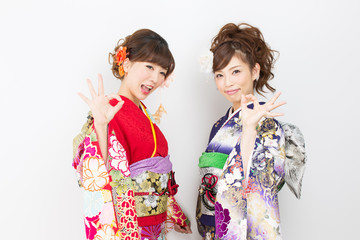 Beautiful asian kimono women on white background