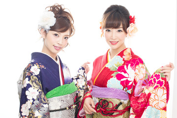 Beautiful asian kimono women on white background