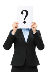 Half-length portrait of businesswoman with question mark