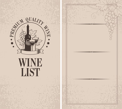 Menu with a bottle of wine, glasses and a bunch of grapes