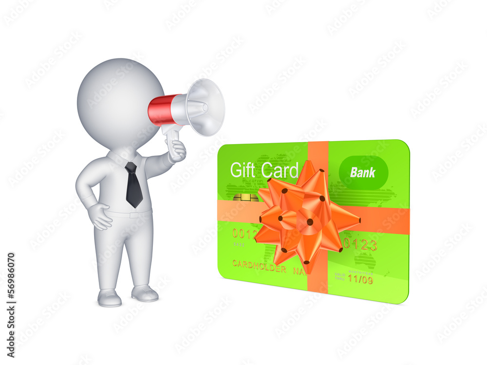 Poster 3d person with megaphone and credit card.