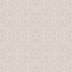 Thin lace seamless pattern. White curls on a beige background