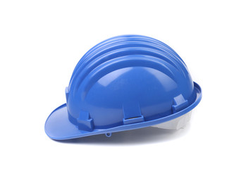 Side view of blue hard hat.