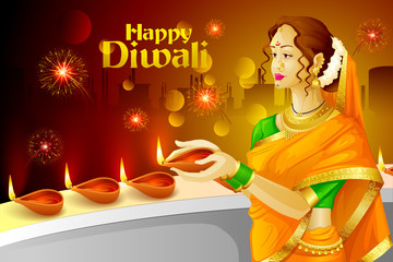 vector illustration of Indian lady with Diwali diya