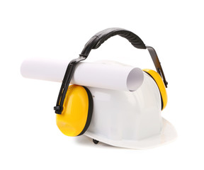 Protective ear muffs and hard hat paper roll.