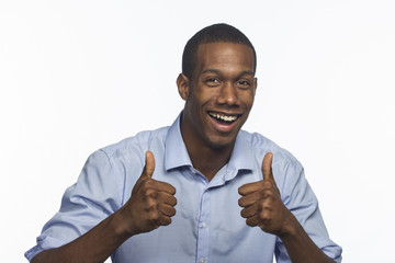 African American man giving two thumbs up, horizontal - Powered by Adobe