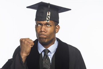 Young black college graduate with tuition debt, horizontal