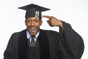 Young black college graduate with tuition debt, horizontal