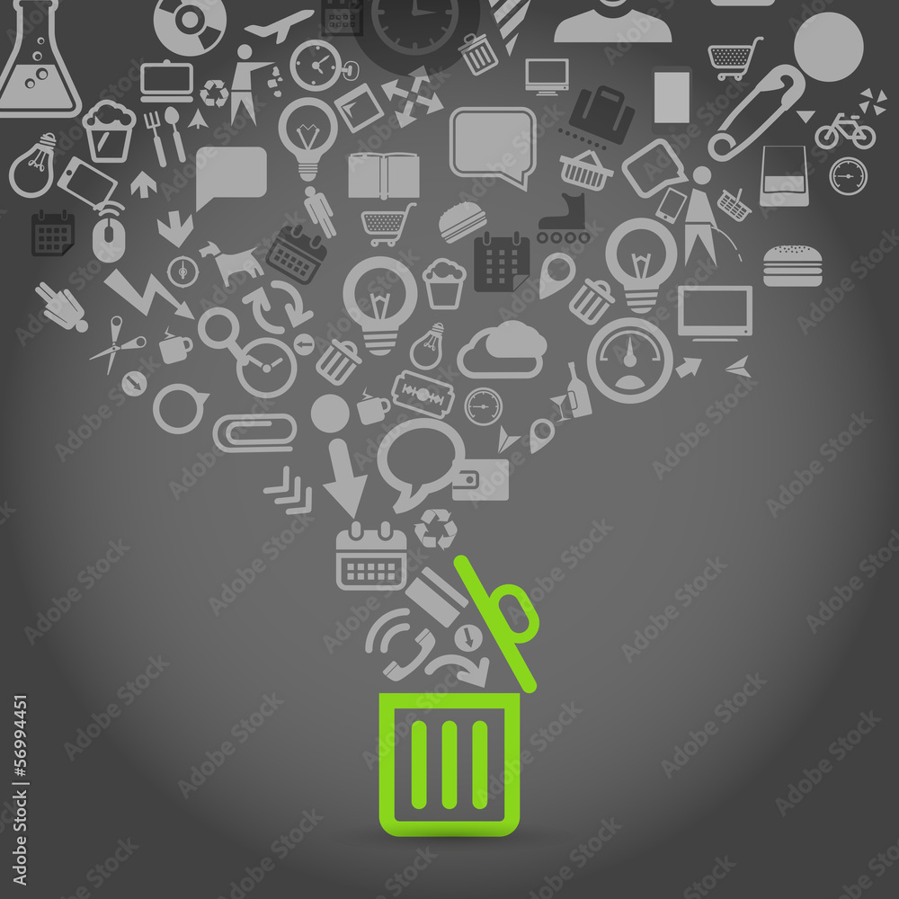 Aufkleber different icons flows into garbage basket