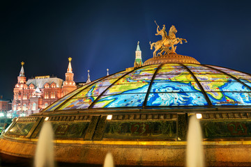 Saint George statue on Glass cupola in Manege Square, Moscow, Russia