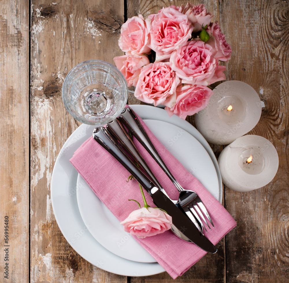 Wall mural vintage festive table setting with pink roses