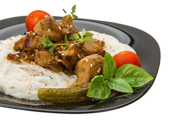 Rice noodles with pork and herbs