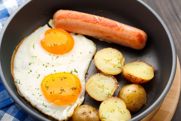 Breakfast with eggs, sausage and potato