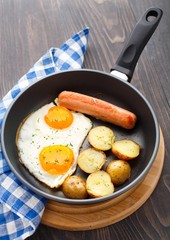 Breakfast with eggs, sausage and potato