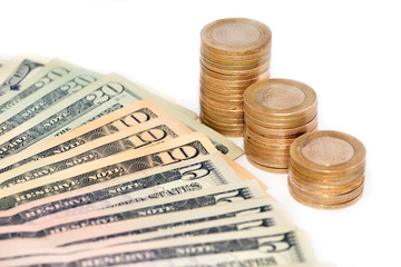 turkish coins and dollar banknote on white background