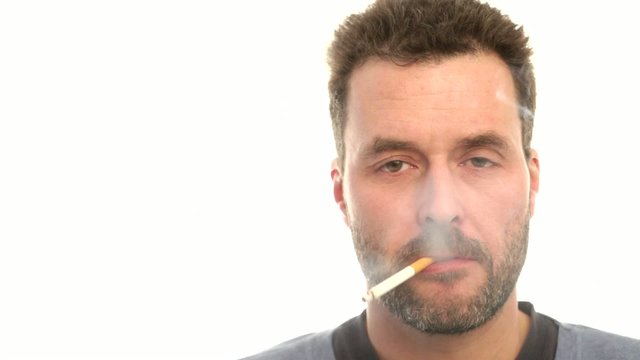 Mature Adult Man Smoking Cigarette, Closeup