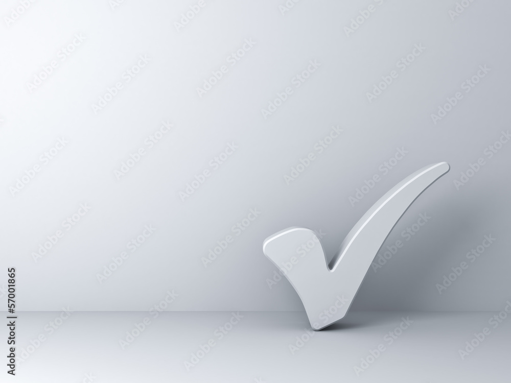 Poster white check mark on empty white wall background