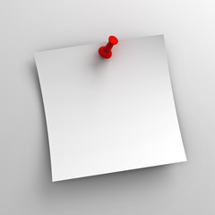 White sticky note paper with red push pin on white background