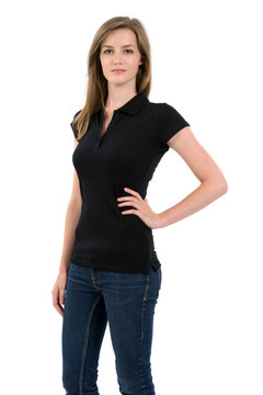 Blond Woman Modeling Blank Black Polo Shirt