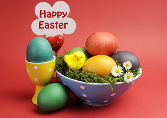 Bright and cheerful Happy Easter still life with sign
