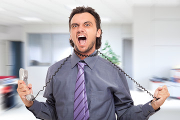 Stressed businessman strangling himself