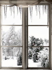 Winter landscape viewed through window
