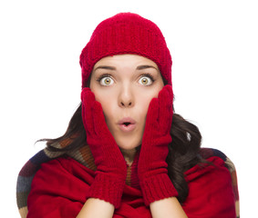 Stunned Mixed Race Woman Wearing Winter Hat and Gloves