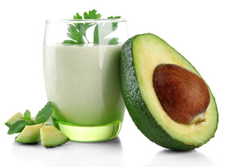 Fresh avocado smoothie isolated on white