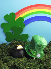 St Patrick's Day still life with leprechaun hat & rainbow
