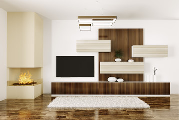 Interior of room with fireplace and plasma tv 3d