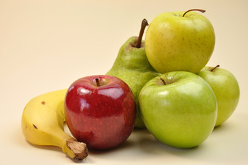 Healthy food group - fruit: apples, pear and banana.