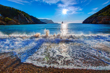 Ibiza Cala Benirras sunset beach in san Juan at Balearic
