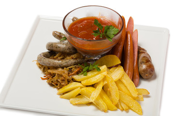 Set of tasty different sausages with roasted potatoes