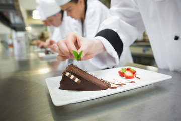 Close up of chef putting mint leaf on chocolate cake - Powered by Adobe