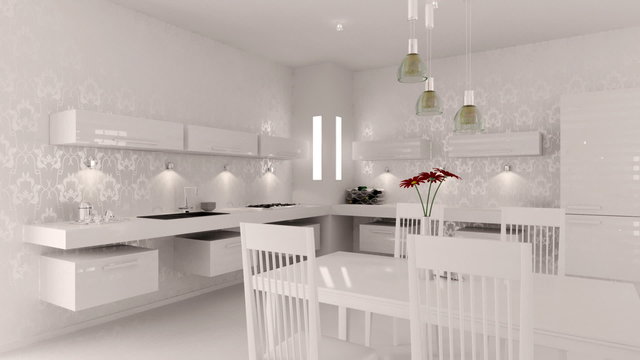 Interior of modern white kitchen animation