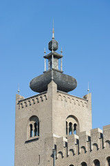 Decorated monastery tower with battlements