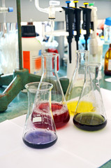 chemistry laboratory liquid bottles
