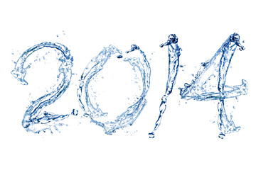 Happy New Year 2014 by water drop - obrazy, fototapety, plakaty