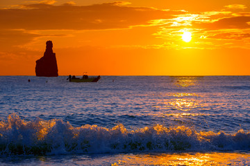 Ibiza Cala Benirras sunset beach in san Juan at Balearic