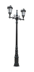 Black iron street lantern pole on white background.
