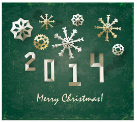 Fototapeta na wymiar Christmas poster with cut snowflakes on the blackboard