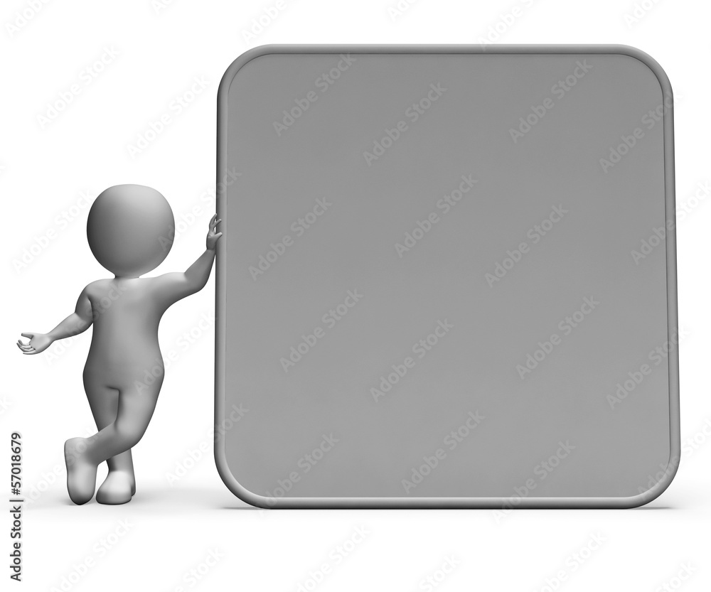 Poster character with signboard allows message or presentation