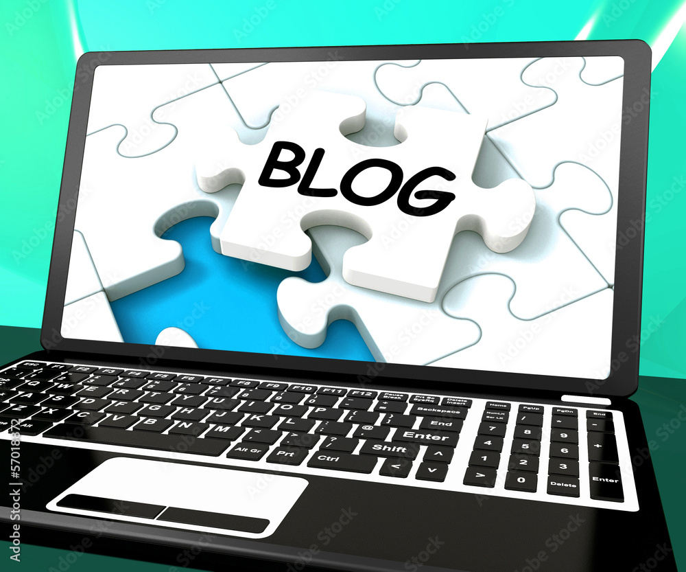 Poster blog on laptop shows online web blogging or weblog website