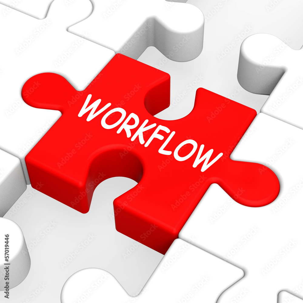 Poster workflow puzzle shows process flow or procedure