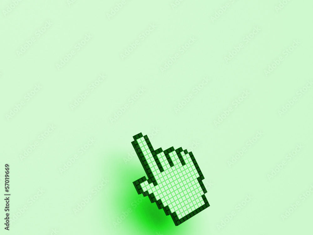 Poster cursor hand on green background shows blank copyspace website