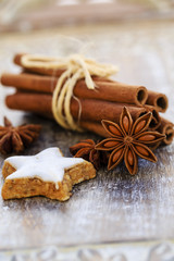 Spices, ginger and anise stars with cinnamon stick