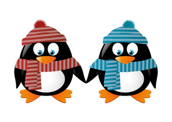 Two penguins wearing winter clothes