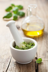 pesto sauce in mortar